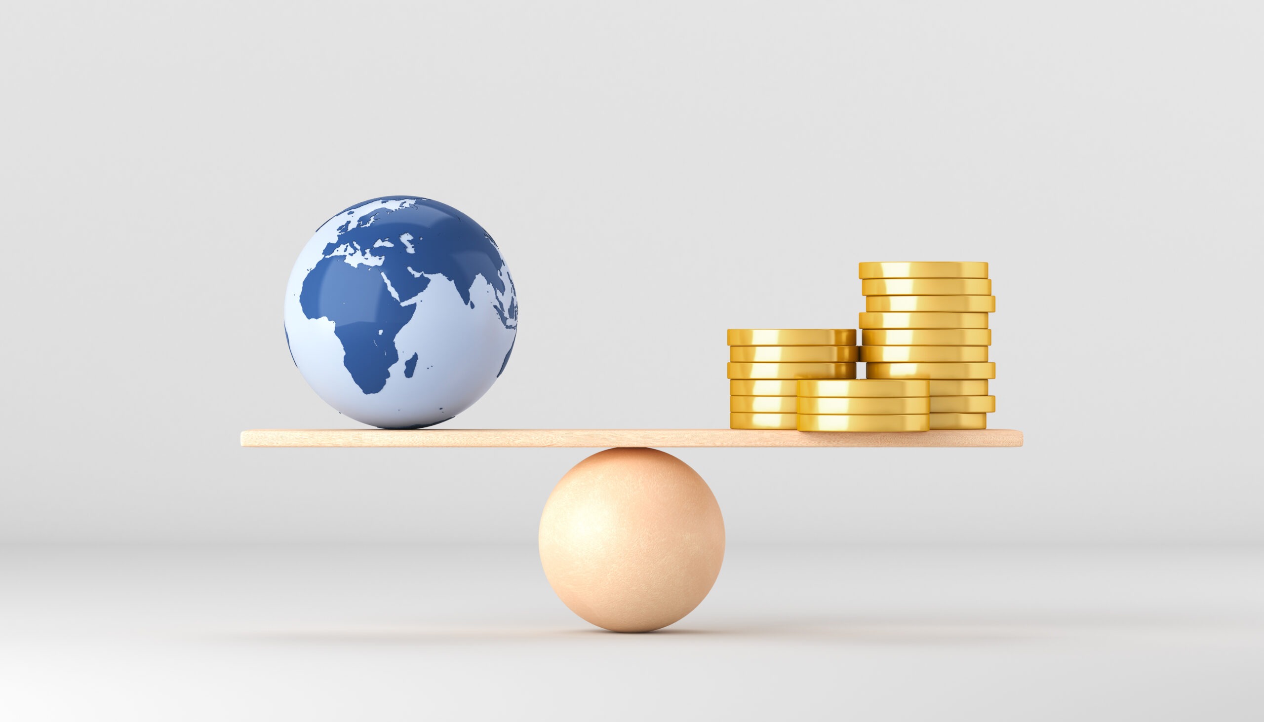 Scales with a globe and a stack of gold coins on wooden scales. 3d render illustration.